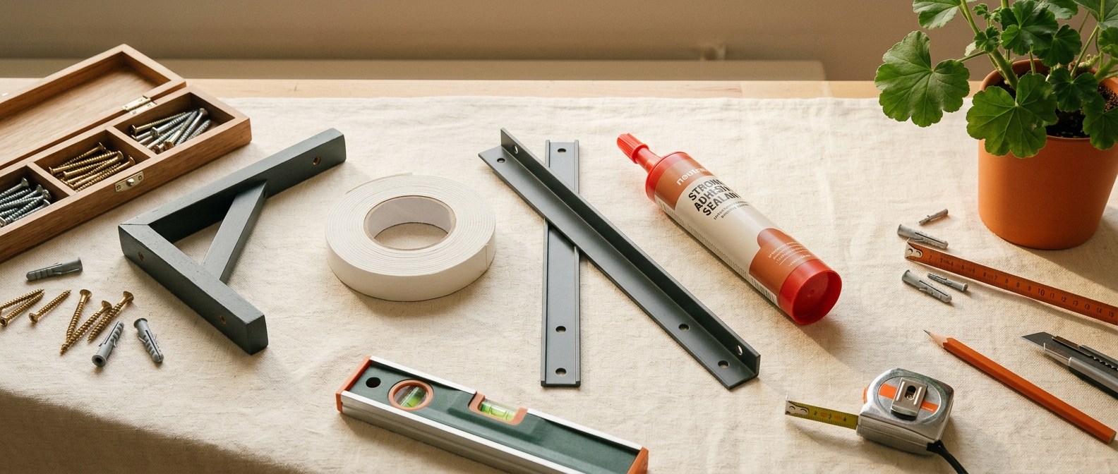Test de différentes solutions sans perceuse pour fixer une étagère flottante.