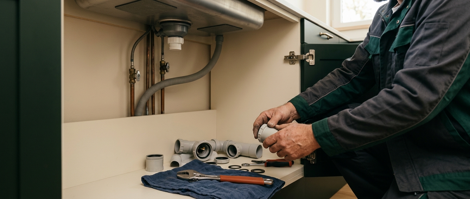 Bricoleur examinant un raccord de plomberie sous un lavabo.