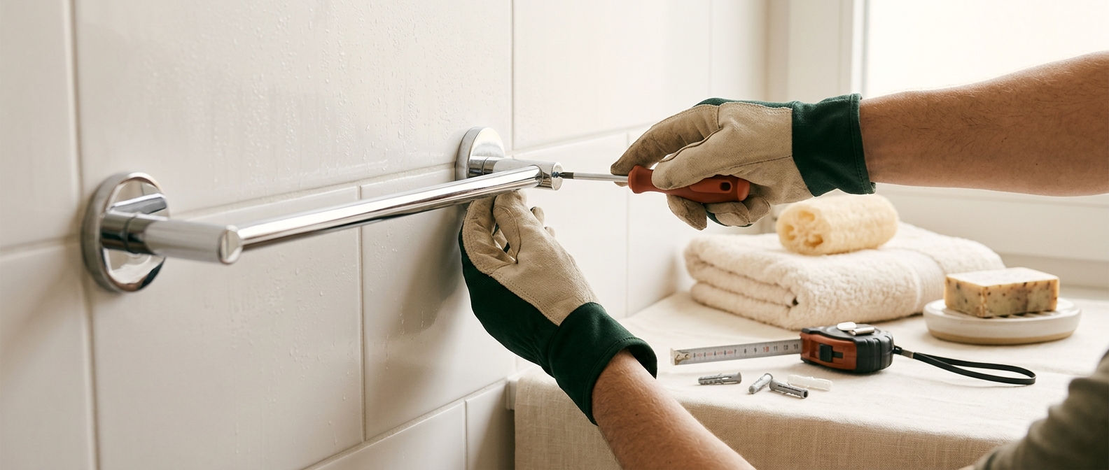 Pose d'un porte-serviettes double dans une salle de bain rénovée à Diekirch.